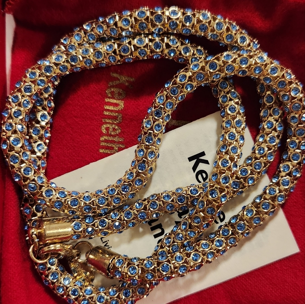 Kenneth Jay Lane Blue Gold Tone Rhinestone Snake Popcorn Chain necklace 30" - Picture 8 of 9